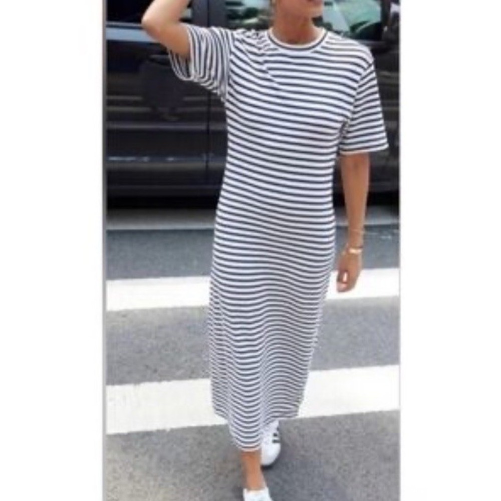 AYR Dress Womens XS White Navy Striped T Shirt Midi Crew Neck Cotton Nautical